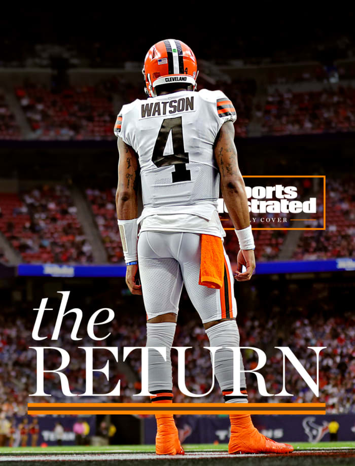 Deshaun Watson looks out to the field from the sideline before his first game back